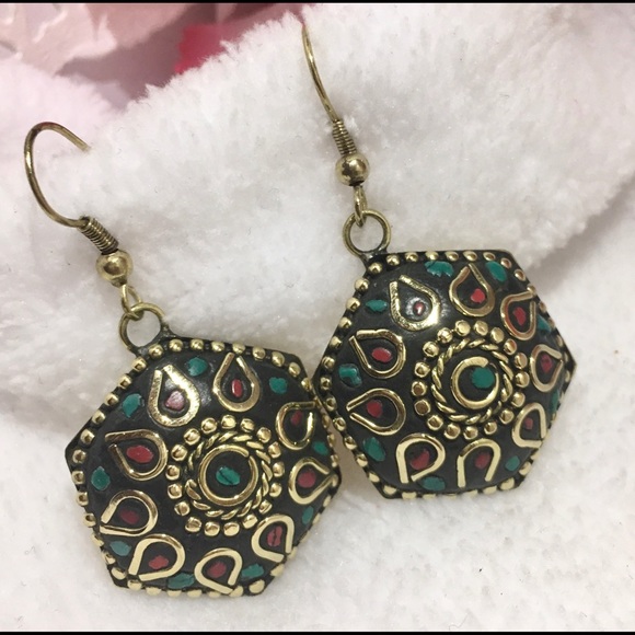 Crushed Turquoise Lapis Lazuli Turkish Brass Pendant Necklace & Earrings - Picture 3 of 4